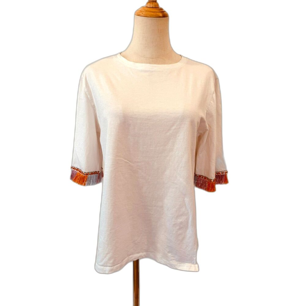 PINKO Aisha T Shirt Women L White Cotton Made Italy Beaded Tassel Fringe Sleeve